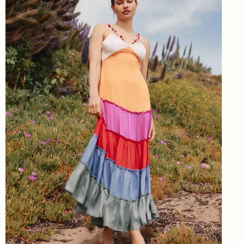Anthropologie Rainbow V neck Maxi dress Large P689